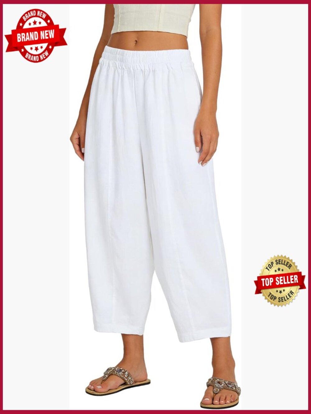 100% Linen Ankle Pants Elastic Waist Baggy Cropped Pants Pockets